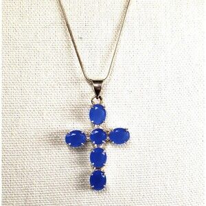 Vintage Silver Plated Prong Set Blue Chalcedony Cross Pendant 24" Necklace